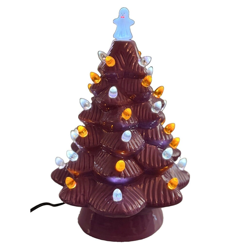 Mr. Christmas Halloween LED Purple black cat top lighted ceramic tree SKU 10-564